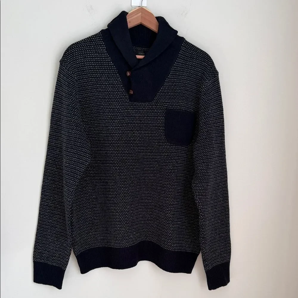 J.Crew Lambswool Shawl Collar Bird’s-Eye Sweater Men’s Large Navy Button Neck